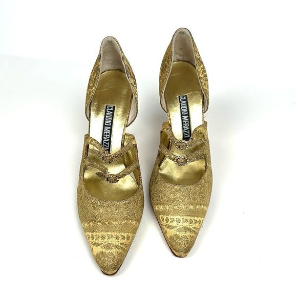 CLAUDIO MERAZZI Gold Brocade Formal Pumps Pointed Toe Embellished Details US 7,5 - Picture 10 of 16